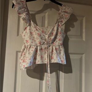 SHEIN White Floral Ruffle Tie-Front Peplum Tank